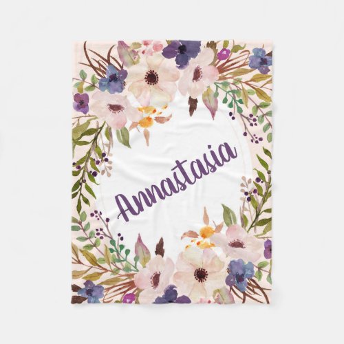 Boho purple watercolor flowers fleece blanket