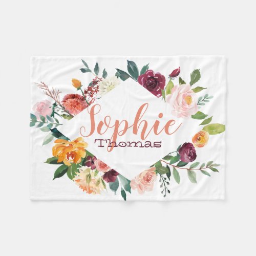 Boho purple watercolor flowers personalized fleece blanket