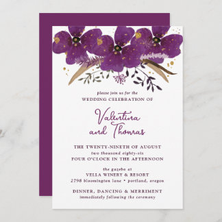 Boho Purple Watercolor Flowers Wedding Invitation