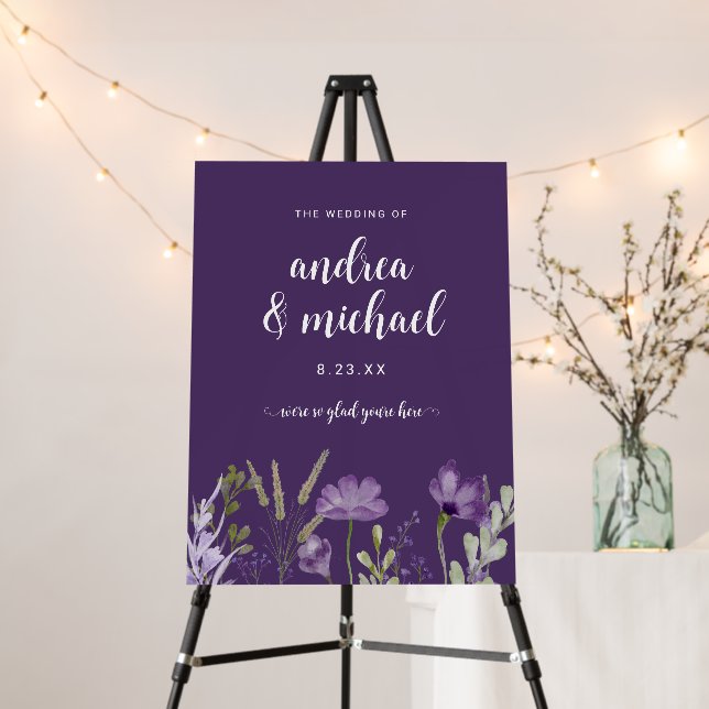 Boho Purple Wedding Sign Wildflowers Floral (In Situ (Stand))