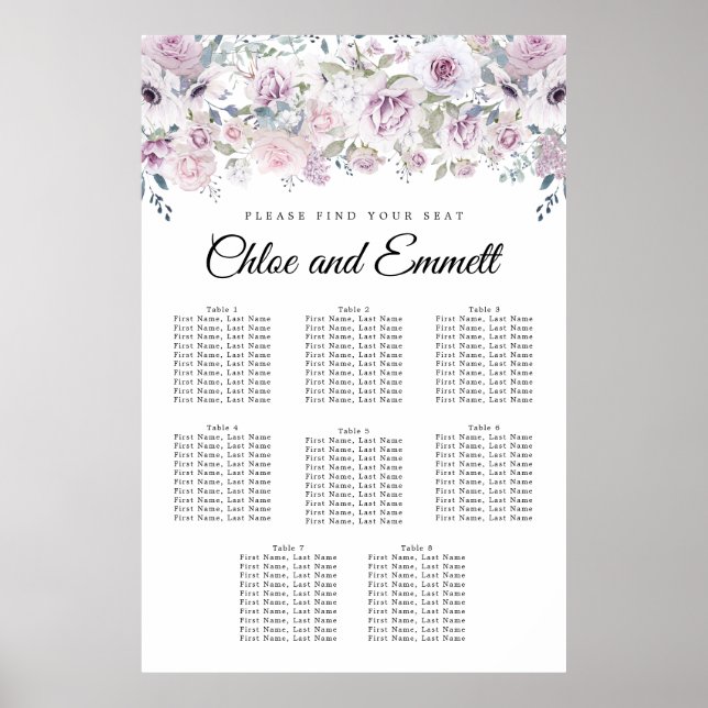Boho Purple White Floral 8-Table Seating Chart (Front)