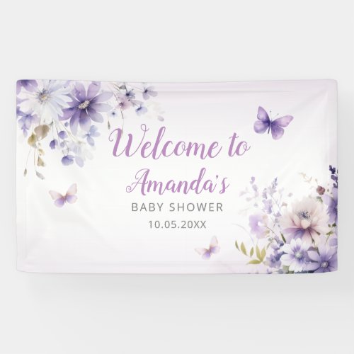 Boho Purple Wildflower Butterfly Girl Baby Shower Banner