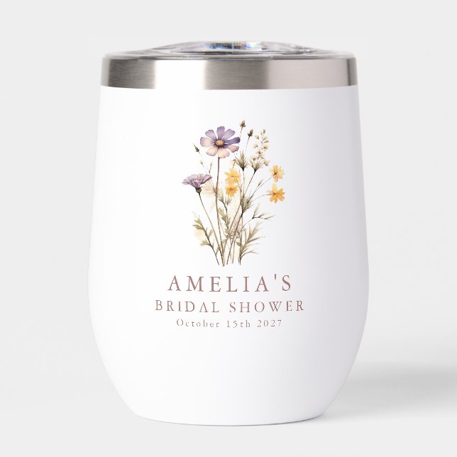 Boho Purple Wildflowers Bridal Shower Custom Thermal Wine Tumbler (Front)