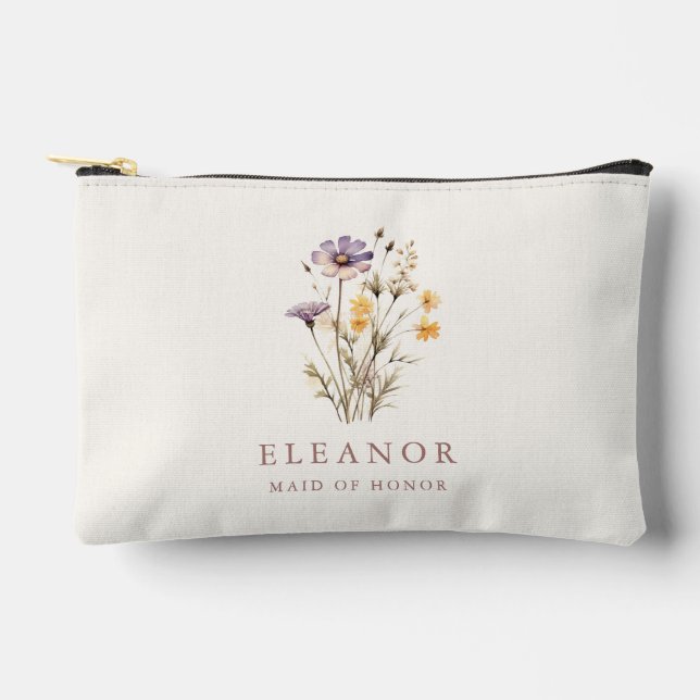 Boho Purple Wildflowers Maid of Honor Custom  Accessory Pouch (Front)