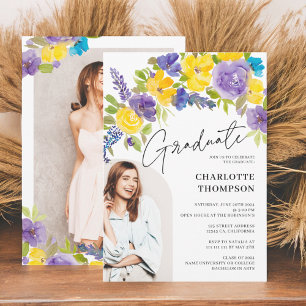 Boho purple yellow floral photo graduation invitation