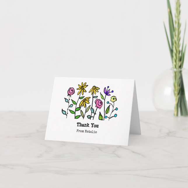 Boho Purple Yellow Wildflowers Personalized Retro Thank You Card (Front)