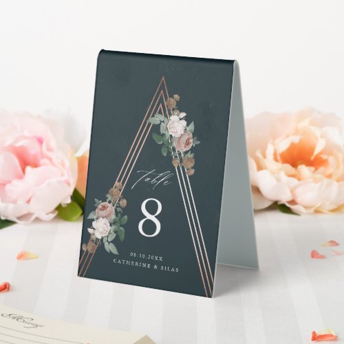 Boho pyramid vintage rose wedding table tent sign