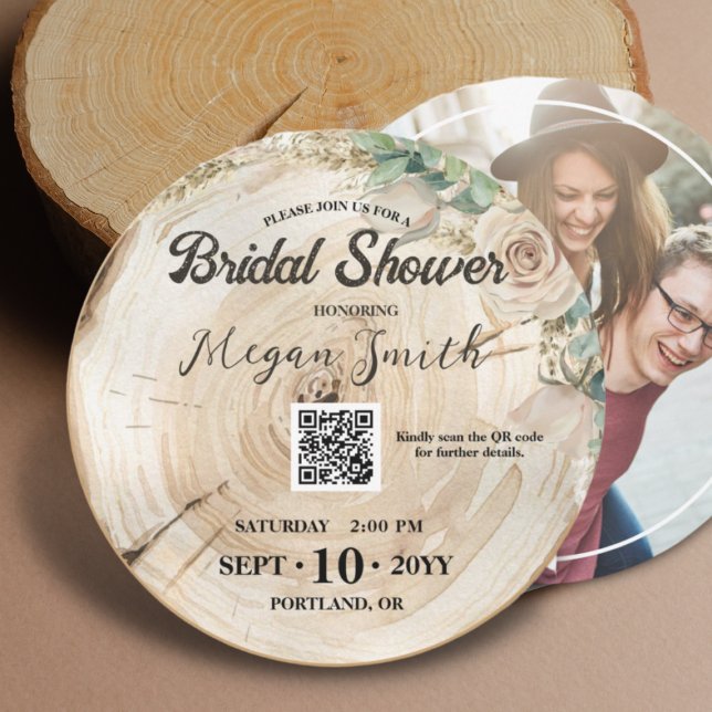 Boho QR Code Rustic Wood Unique Bridal Shower Save The Date (Creator Uploaded)