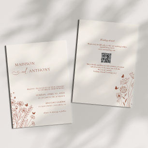 Boho QR Code Terracotta Wildflower Wedding 2 in 1 Invitation