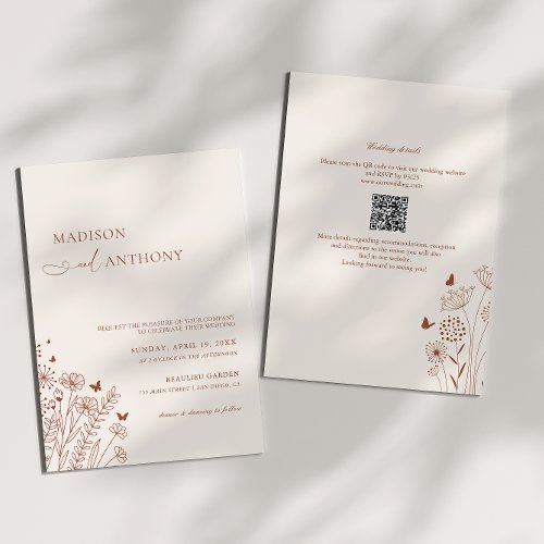 Boho QR Code Terracotta Wildflower Wedding 2 in 1 Invitation