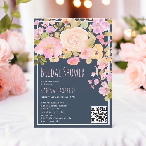 Boho QR Pastel Pink peach Floral Bridal Shower Invitation