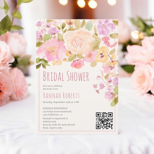 Boho QR Pastel Pink peach Floral Bridal Shower Invitation