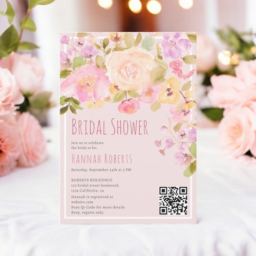 Boho QR Pastel Pink peach Floral Bridal Shower Invitation