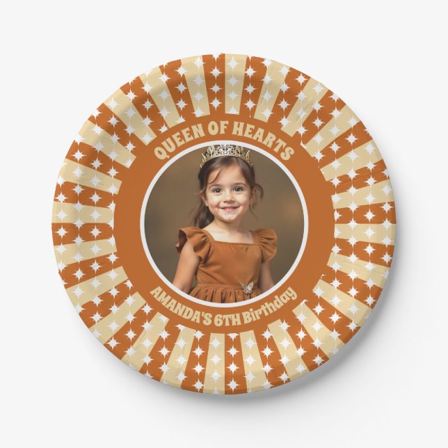 Boho Queen Of Hearts Birthday Party Photo Paper Plates (Front)