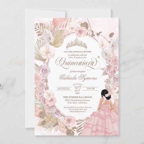 Boho Quinceanera Blush Pink Dried Floral Invitation