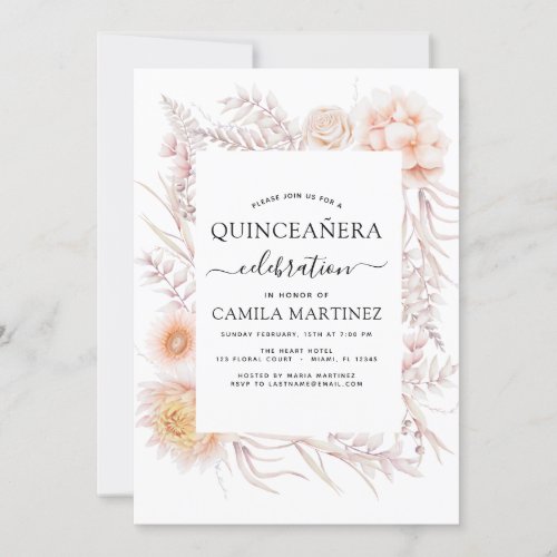 Boho Quinceaera Dusty Pink Floral 15th Birthday Invitation