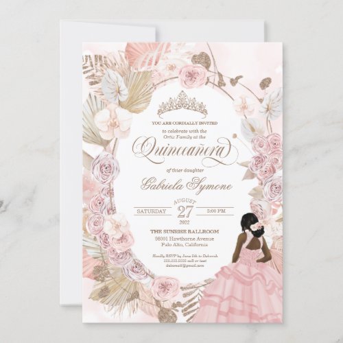 Boho Quinceanera Pink Roses Dried Floral Orchid  I Invitation