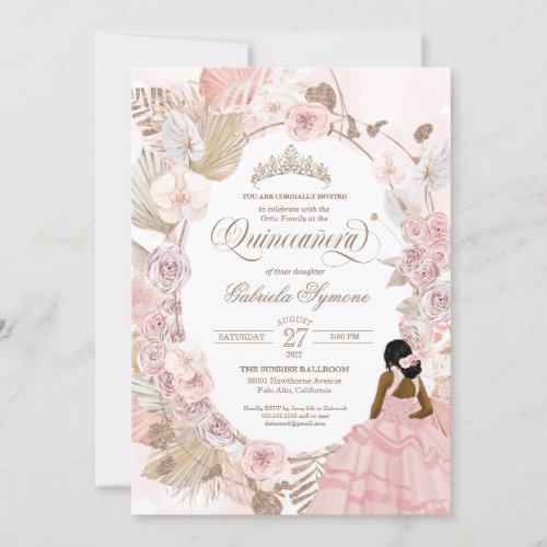 Boho Quinceanera Pink Roses Dried Floral Orchid  Invitation