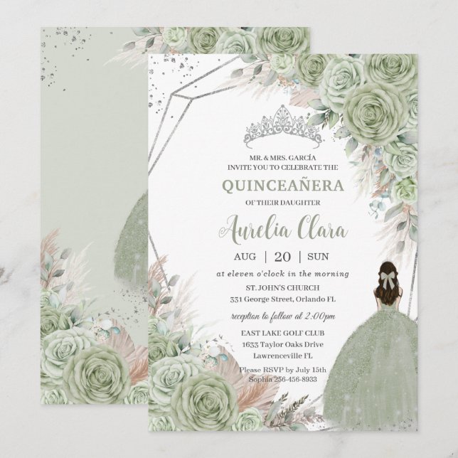 Boho Quinceañera Sage Green Floral Pampas Grass Invitation (Front/Back)