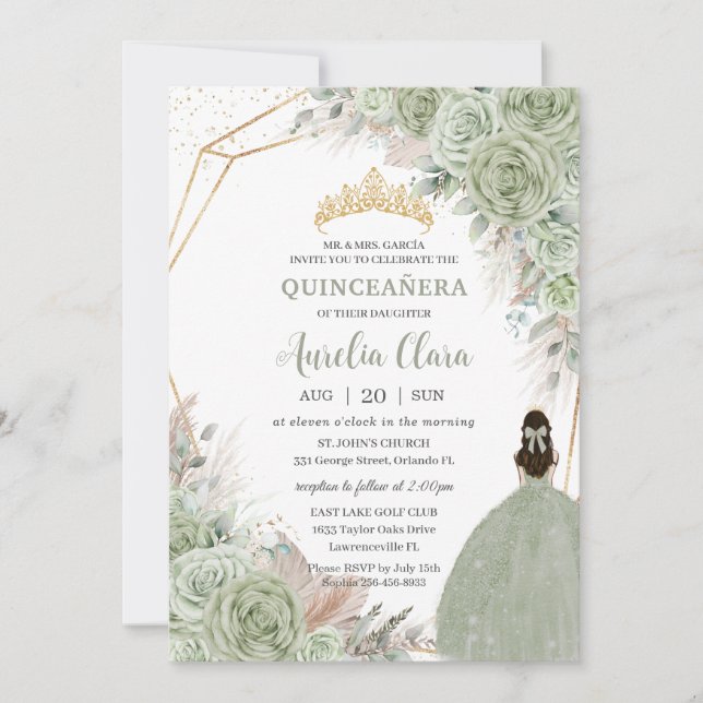 Boho Quinceañera Sage Green Floral Pampas Grass Invitation (Front)