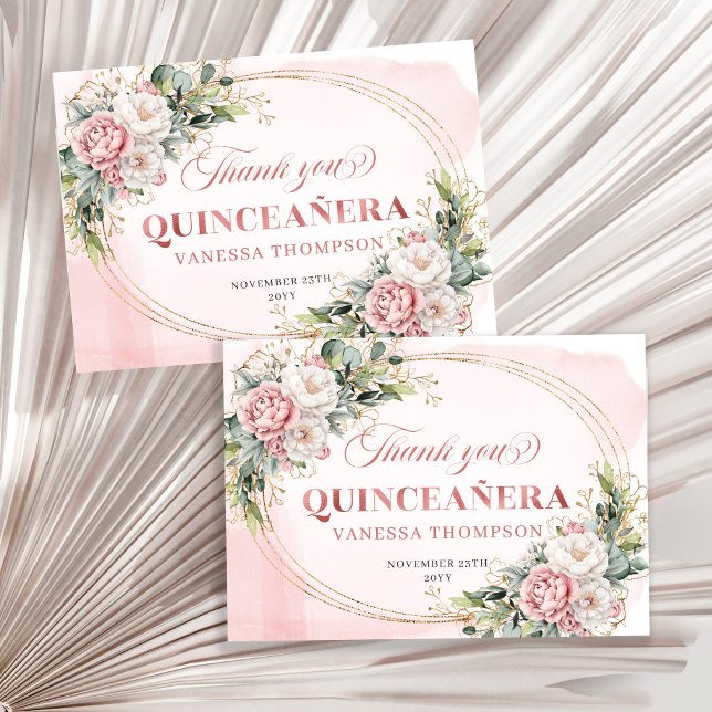 Boho Quinceañera Thank You Card Rose Gold Flowers (Boho Quinceañera Thank You Card with Rose Gold Flowers)