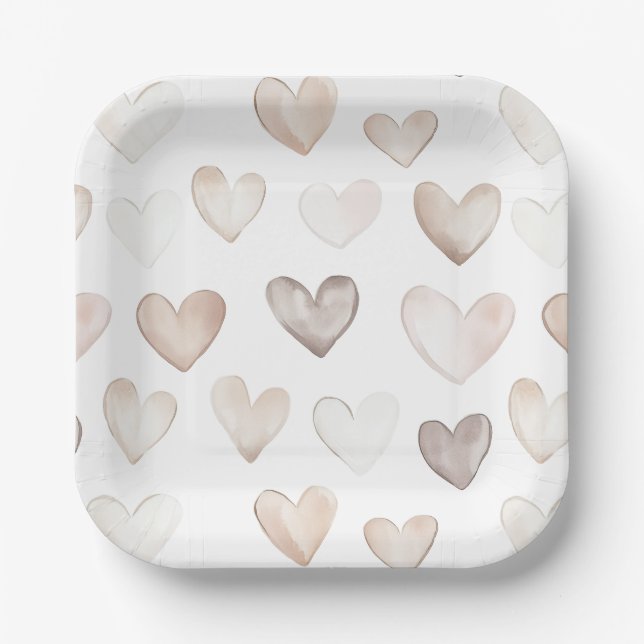 Boho Quirky Cream Beige Hearts Pattern Paper Plates (Front)