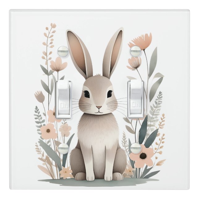 Boho Rabbit Flowers Nursery Kids Room Light Switch Cover (In Situ)
