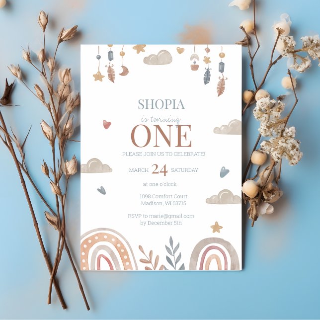 Boho Rainbow 1st Birthday Invitation (Creator Uploaded)