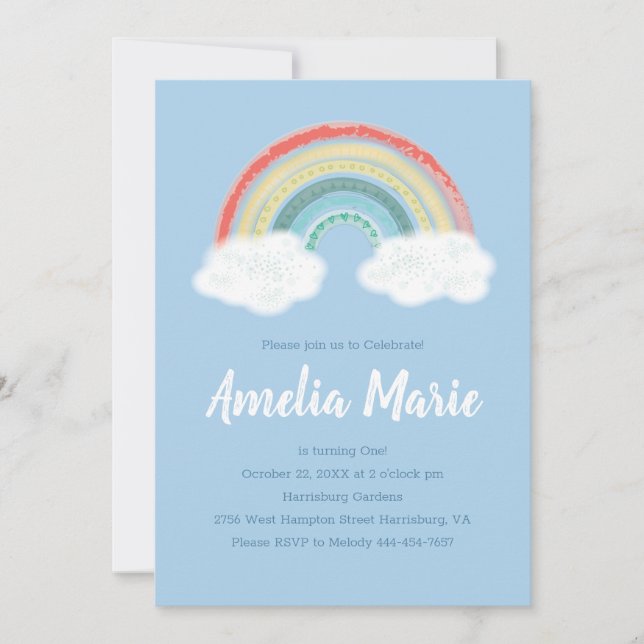 Boho Rainbow 1st Birthday Party Blue Boy Kids Invitation (Front)