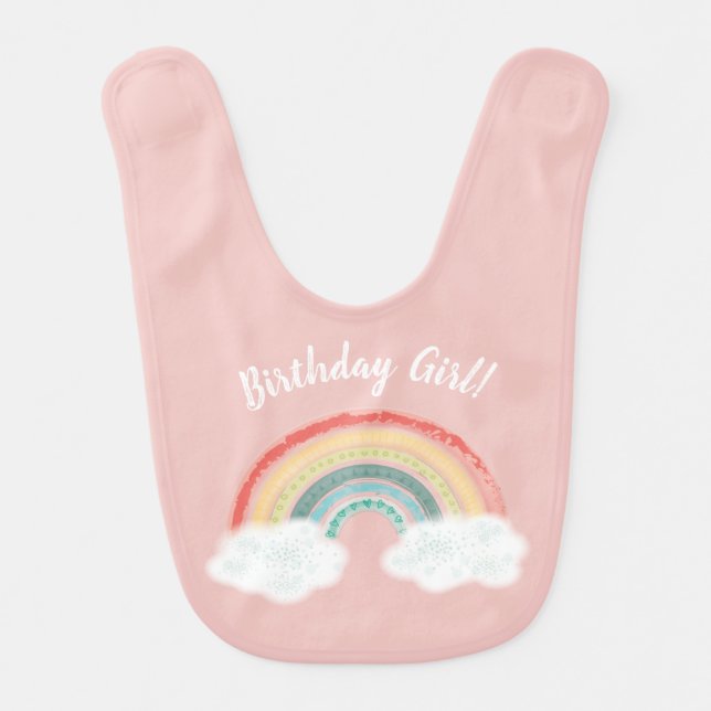 Boho Rainbow 1st Birthday Party Pink Girl Baby Bib (Front)