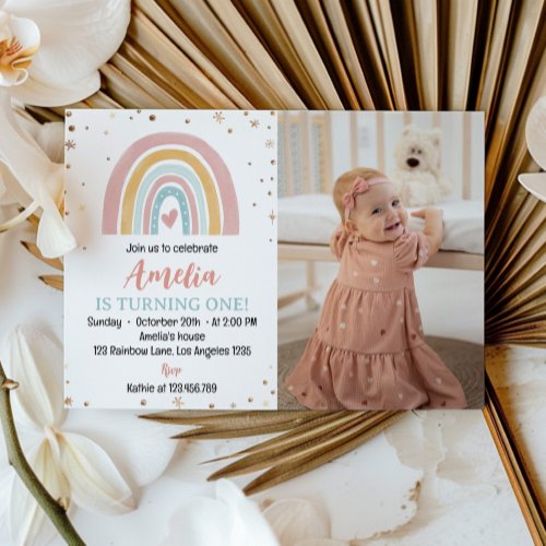 Boho Rainbow 1st Birthday Photo Invitation