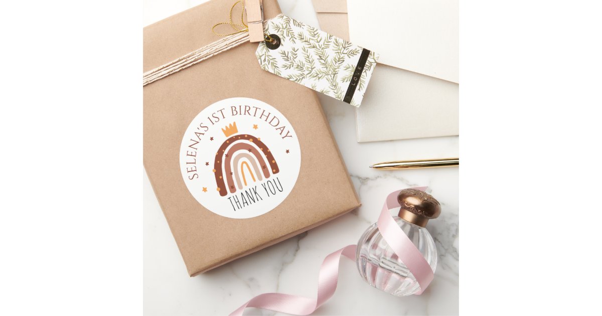 Boho Rainbow 1st Birthday Thank You Classic Round Sticker | Zazzle