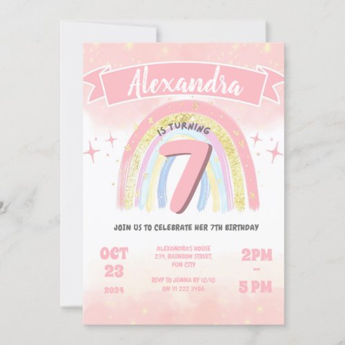 Boho Rainbow 7th Any Age Birthday Girl 4th 5th 6th Invitation