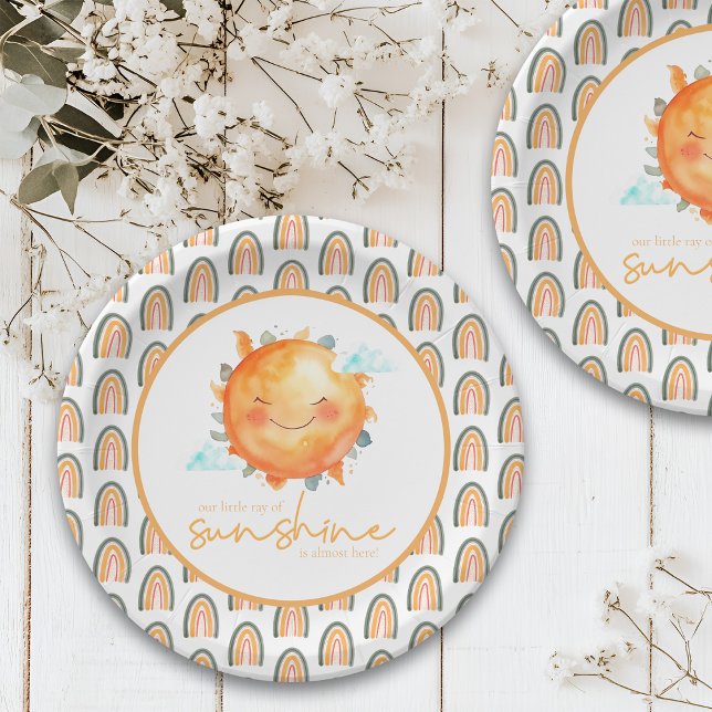 Boho Rainbow A Little Ray Of Sunshine Baby Shower Paper Plates (Creator Uploaded)