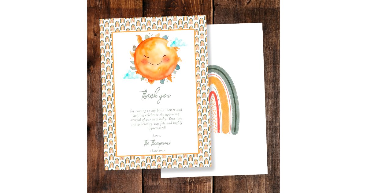 Boho Rainbow A Little Ray Of Sunshine Baby Shower Thank You Card | Zazzle