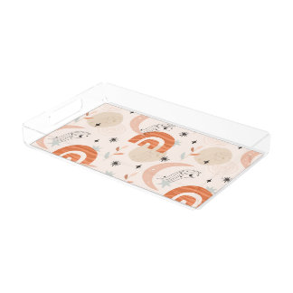 Boho rainbow abstract line art moon stars flowers acrylic tray