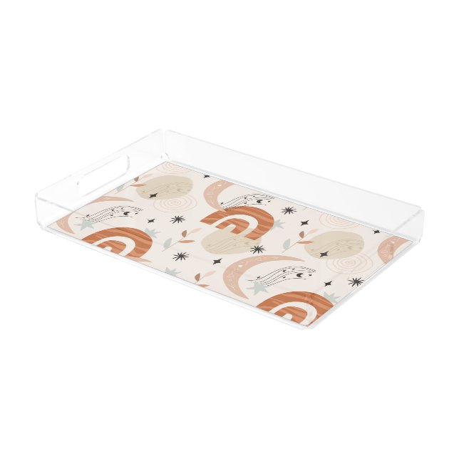 Boho rainbow abstract line art moon stars flowers acrylic tray (Angled)