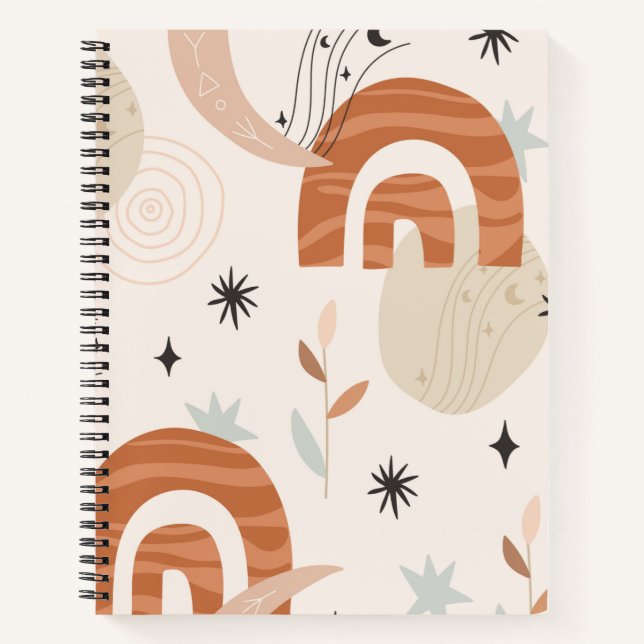 Boho rainbow abstract line art moon stars flowers  notebook (Front)