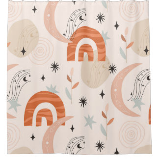 Boho rainbow abstract line art moon stars flowers shower curtain