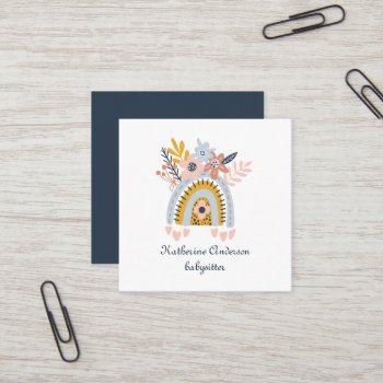 Boho Rainbow And Flowers Square Business Card by Half_Ruby at Zazzle