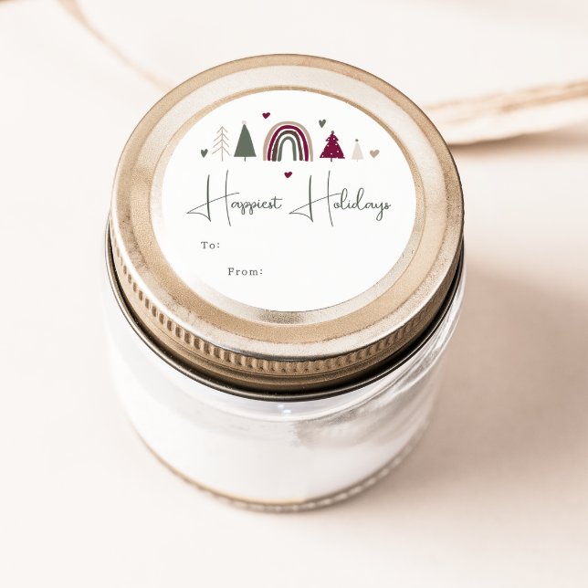 Boho Rainbow and Hearts Happiest Holidays To From Classic Round Sticker (Creator Uploaded)