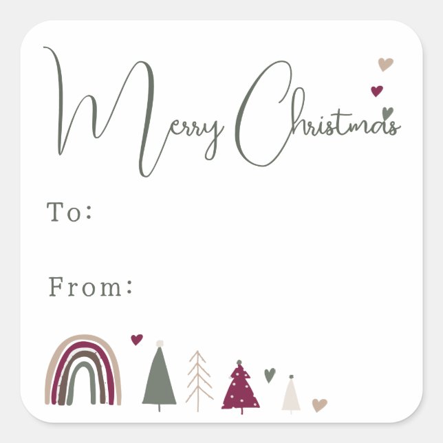 Boho Rainbow and Hearts Merry Christmas To From Square Sticker (Front)