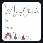 Boho Rainbow and Hearts Merry Christmas To From Square Sticker<br><div class="desc">Celebrate the joy of the season with this boho rainbow and hearts Merry Christmas to from square sticker. The unique and chic editable script creates a touch of charm and individuality. Its simple design features colorful bohemian rainbows, hearts, and Christmas trees that evoke a whimsical winter ambiance. With a clean,...</div>