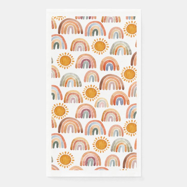 Boho Rainbow and Sun Watercolor Paper Guest Towels (Front)