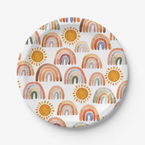 Boho Rainbow and Sun Watercolor  Paper Plates
