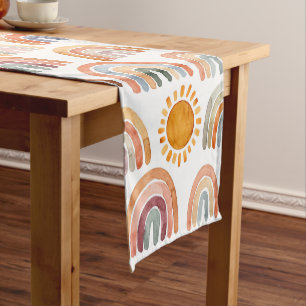 Boho Rainbow and Sun Watercolor Short Table Runner