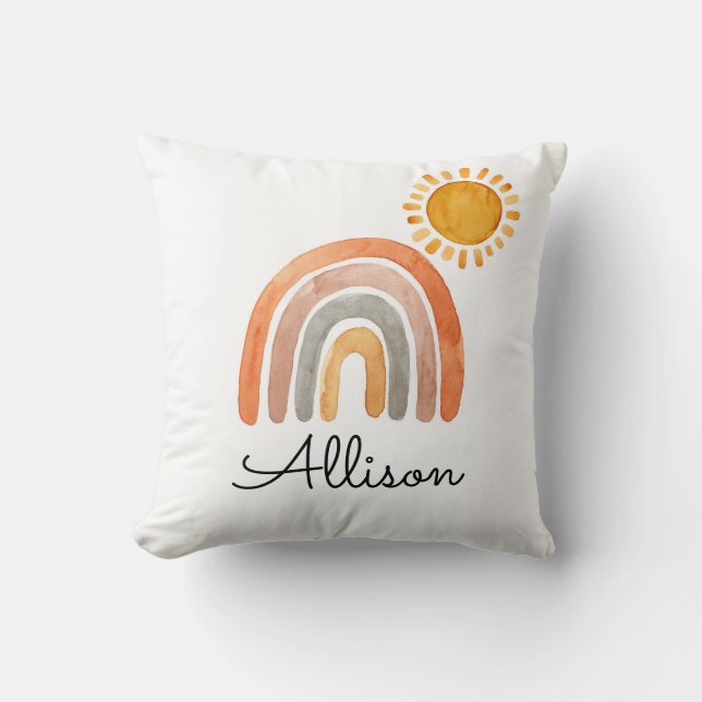 Boho Rainbow and Sun Watercolor  Throw Pillow (Front)