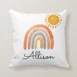 Boho Rainbow and Sun Watercolor  Throw Pillow