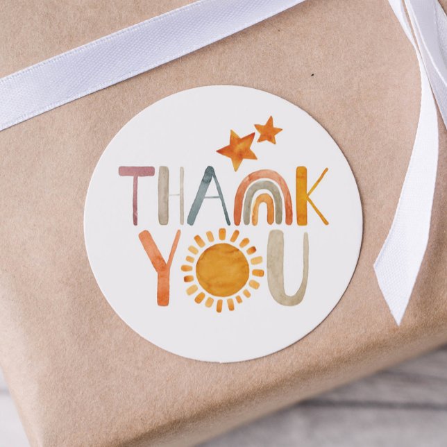 Boho Rainbow and Sunshine Colorful Thank You  Classic Round Sticker (Creator Uploaded)