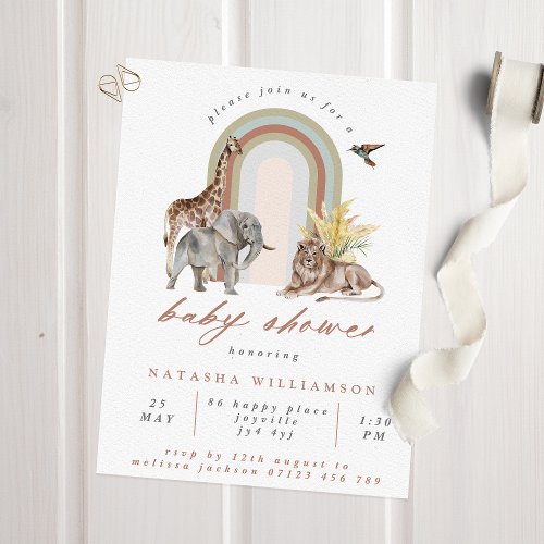 Boho Rainbow Arch  Safari Animals Baby Shower Invitation
